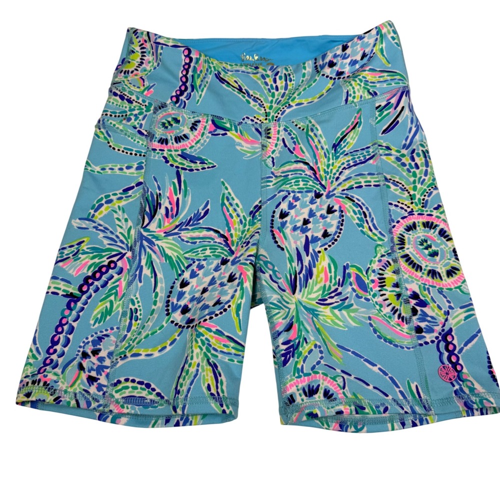 Lilly Pulitzer Luxletic Shorts S Blue Turtle Villa Pineapple Pocket Yoga Coastal